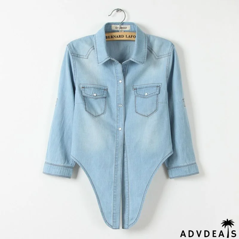 Puff Sleeve Bow Neck Denim Shirt