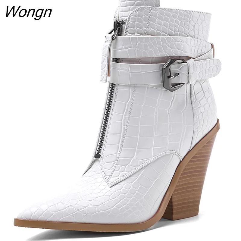 Wongn Pointed Toe Western Cowboy Boots For Women Spring Autumn High Heels Ankle Short Boots Shoes Big Size Golden Bottines Femme
