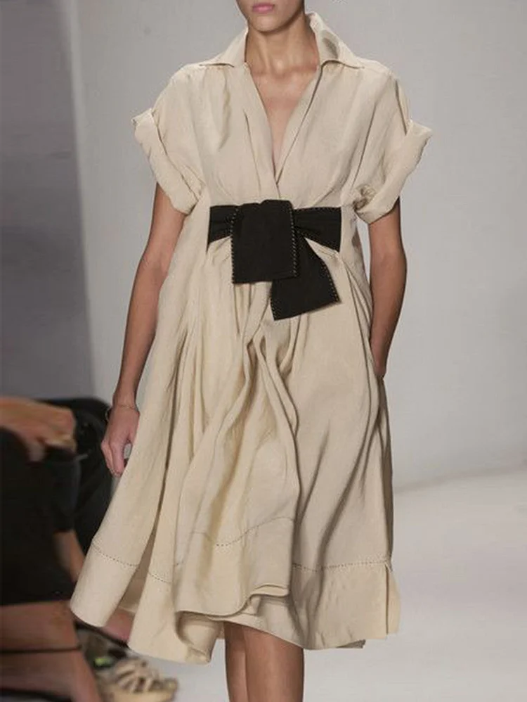 Elegant Plain Lapel Collar Short Sleeve Midi Dress