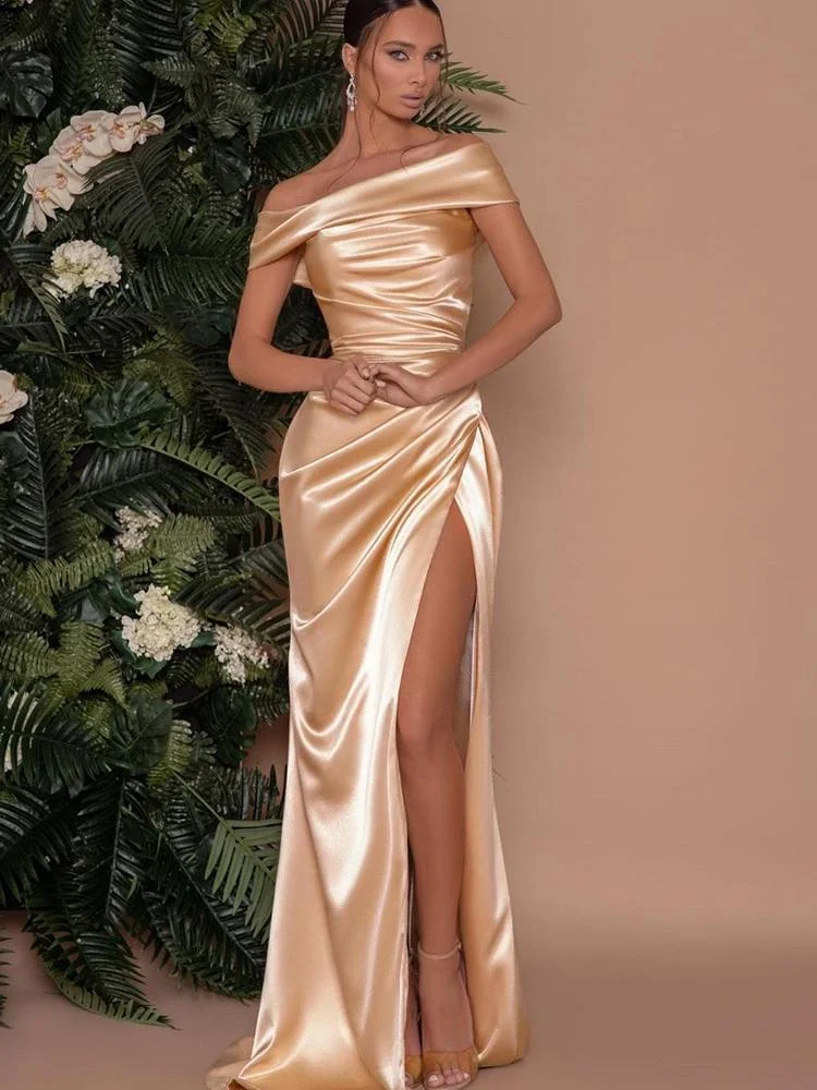 Promsstyle Elegant off-shoulder slit satin champagne mopping evening gown Prom Dress 2023