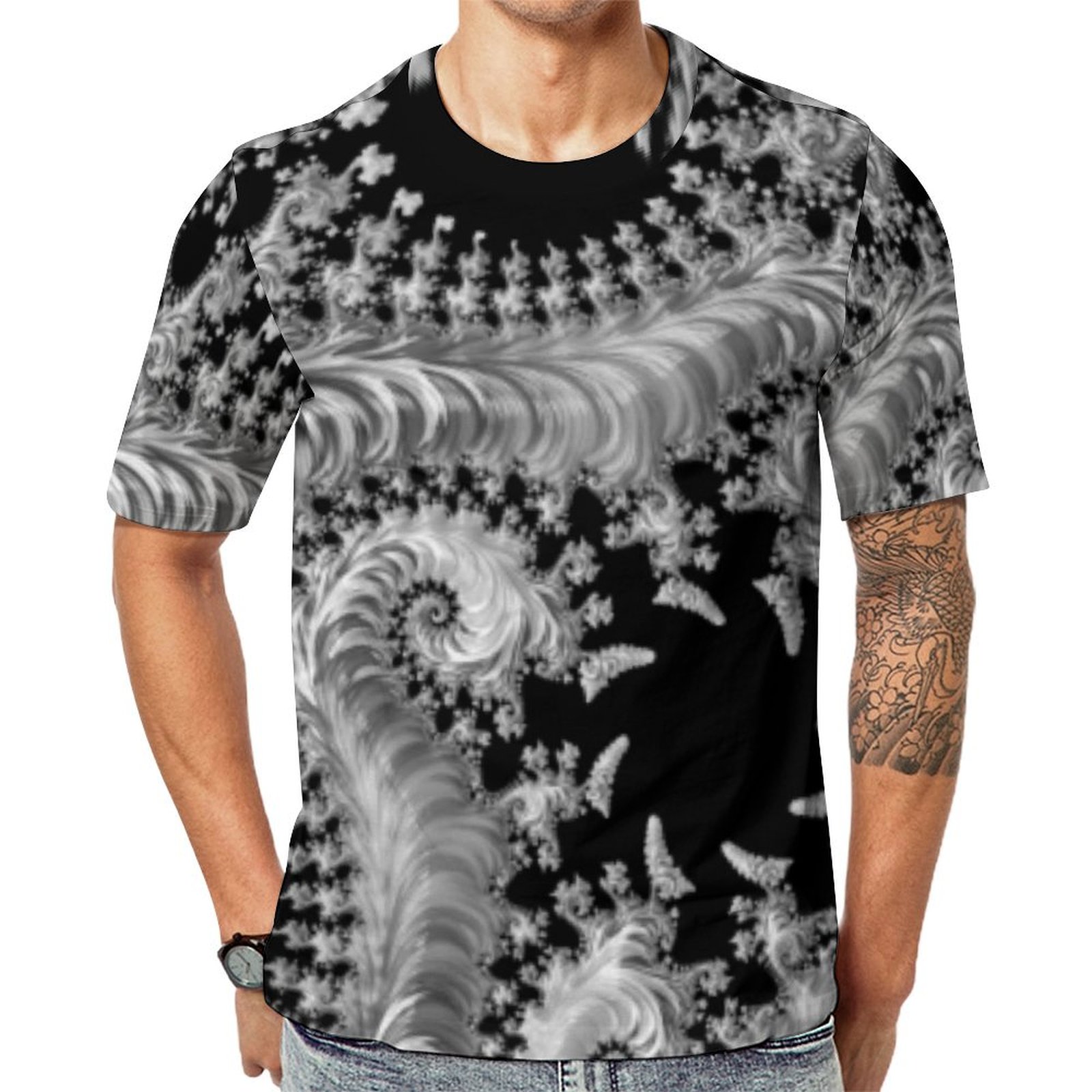 Bohemian Monochrome Tentacle Fractal Abstract Art Short Sleeve Print Unisex Tshirt Summer Casual Tees for Men and Women Coolcoshirts