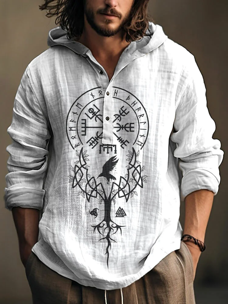 Comstylish Viking Rune Art Linen Blend Hooded Shirt