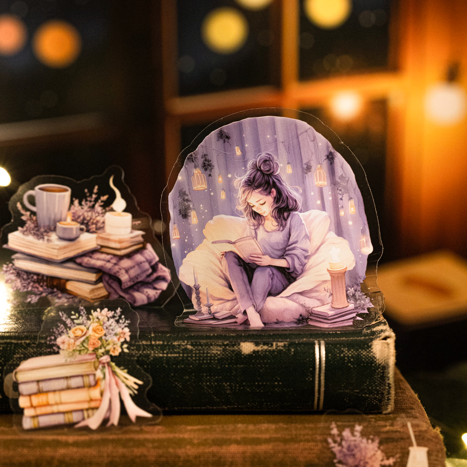 PET 스티커 - 조용한 밤 독서 시리즈 빈티지 캐릭터 창문