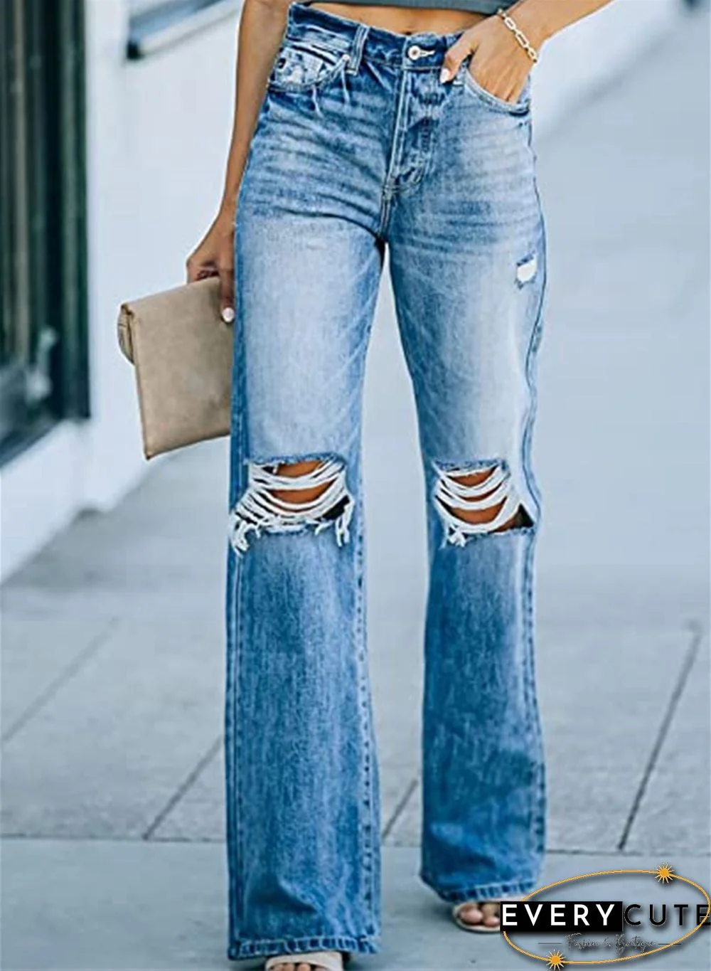 Blue High Waist Distressed Ripped Hole Flare Jeans