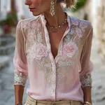 Classy Pink Roses Glitter Embroidered Flowy Linen Blouse - Image 2