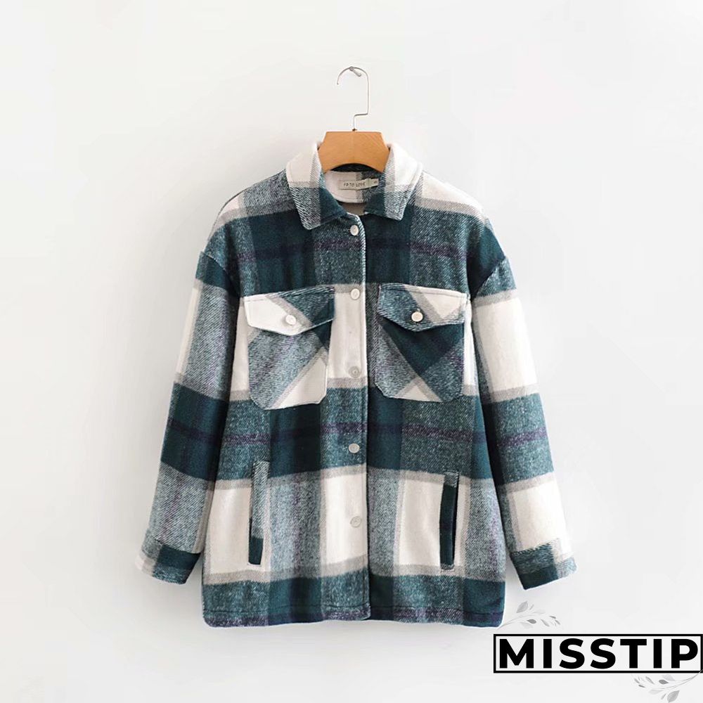 Classic Thick Colorblock Checked Button Down Shirt Jacket Woolen