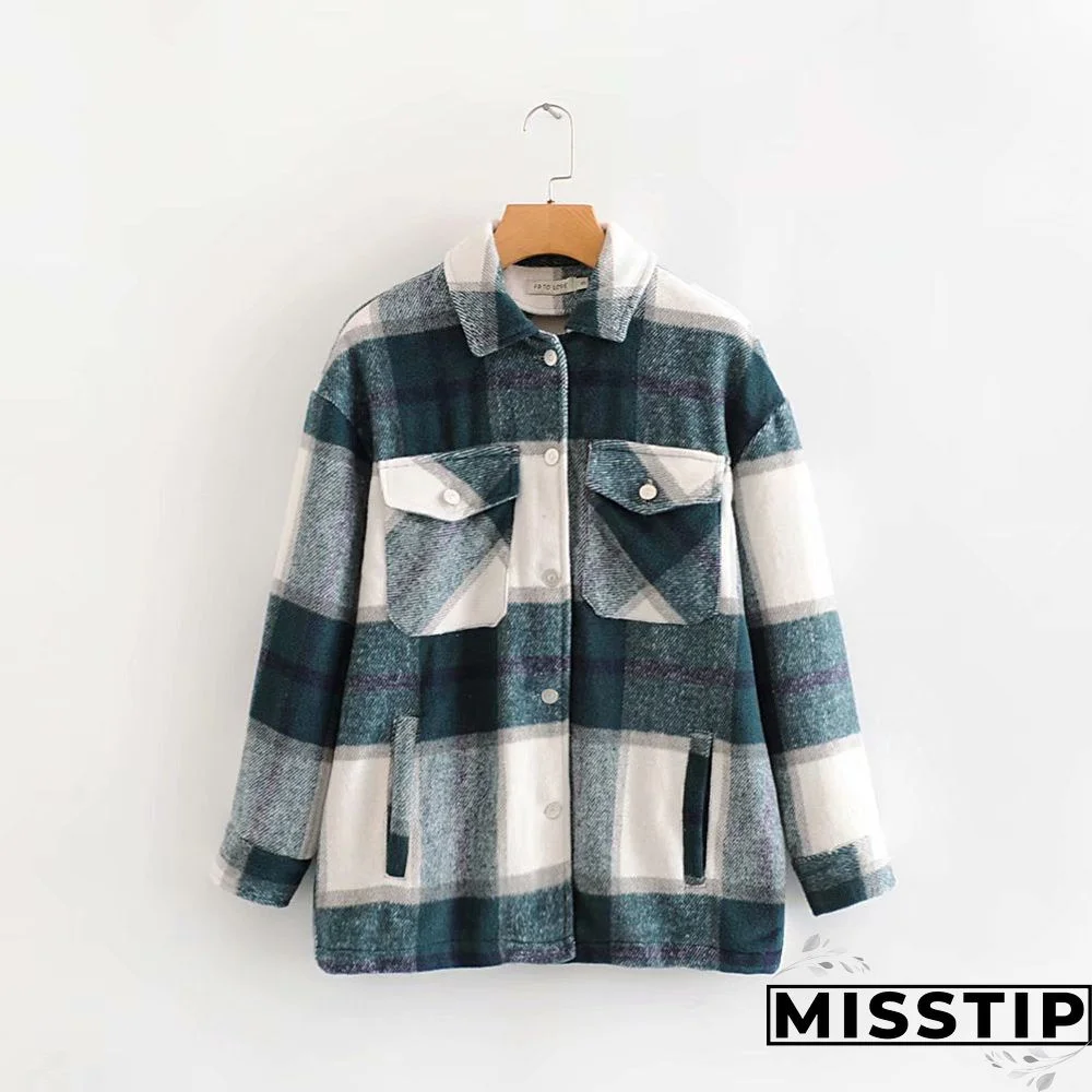 Classic Thick Colorblock Checked Button Down Shirt Jacket Woolen