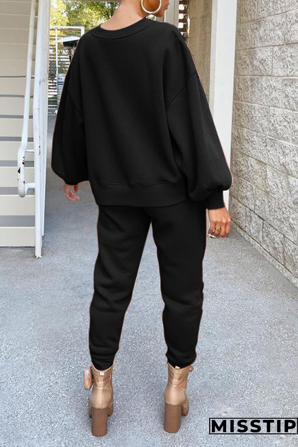 Coffee Casual Solid Patchwork O Neck Long Sleeve Two Pieces