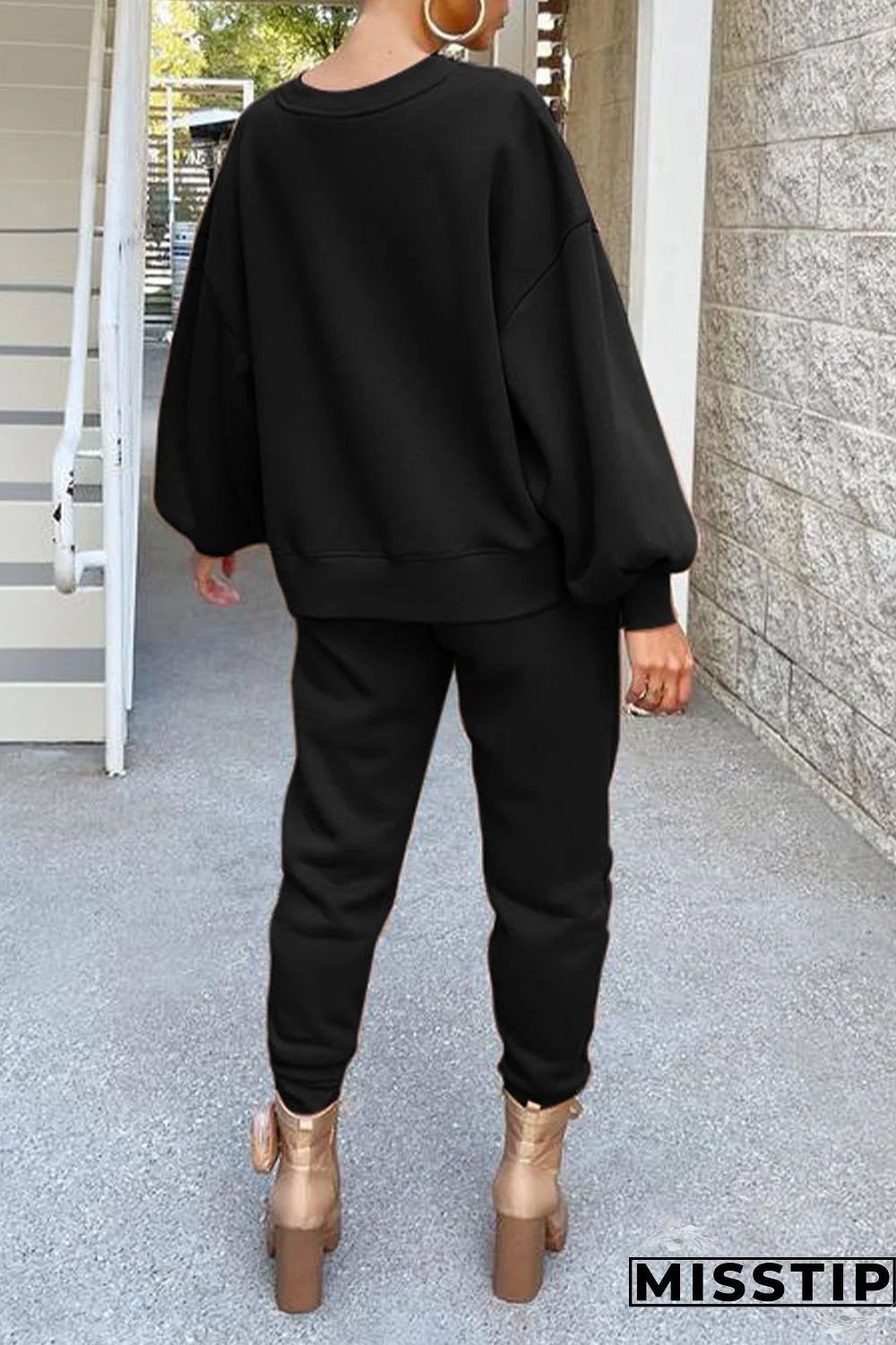 Coffee Casual Solid Patchwork O Neck Long Sleeve Two Pieces