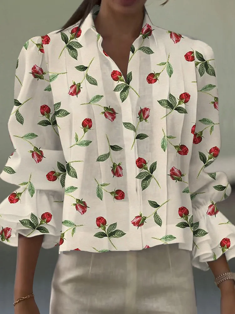 Women's Vintage Red Art Rose Print Casual Cotton And Linen Shirt