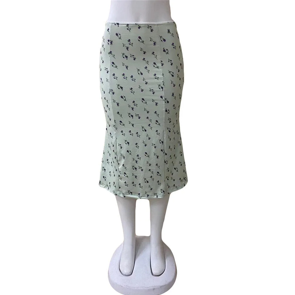 Brand New Women Midi Skirt Vintage Leisure Bohemia Floral Print Elastic Waist Med Calf Skirt for Summer Spring Vacation