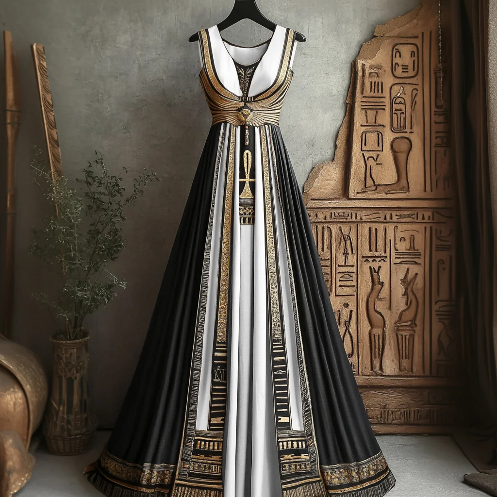 Women's Vintage Ankh Ancient Egyptian Embroidered Linen Maxi Dress