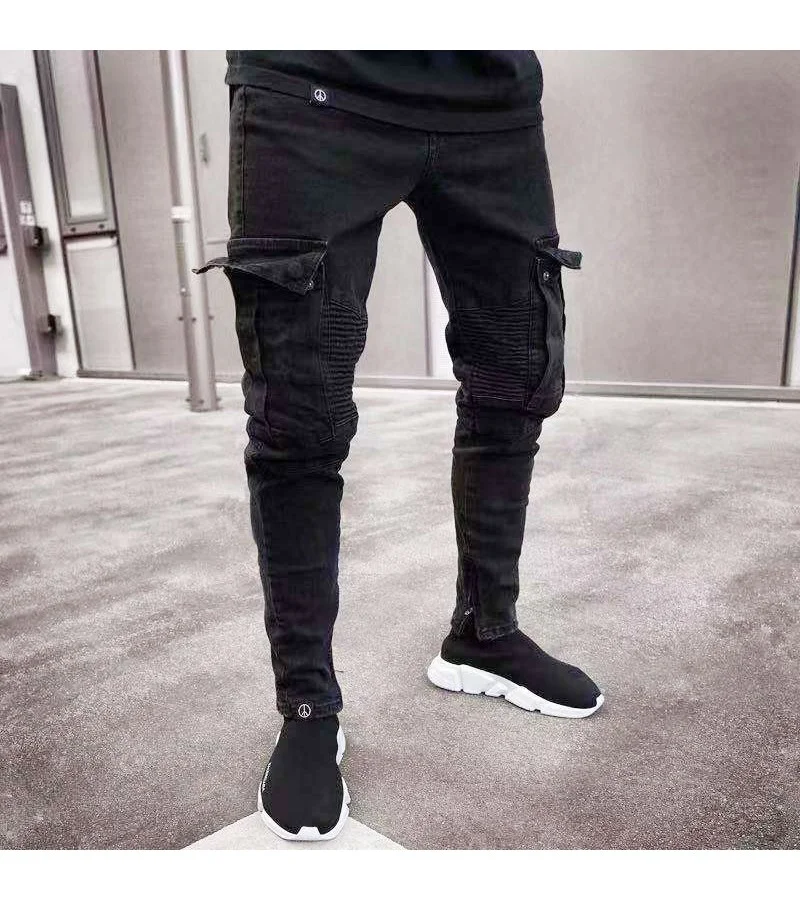 Side Pocket Knee Crease Design Men Zipper Pencil Jeans S-3XL