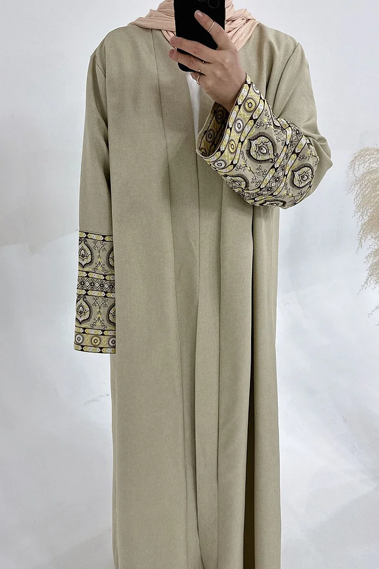 Tribal Pattern Embroidery Abaya Long Cardigan With Plain Chiffon Head Scarf