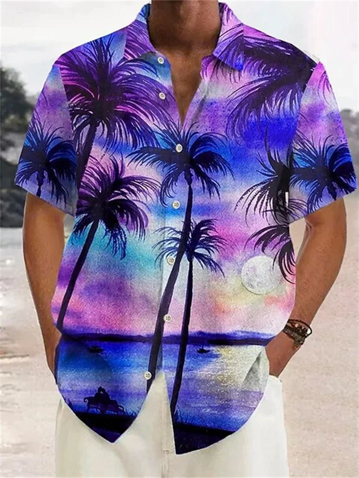 Men's Shirt Summer Hawaiian Shirt Coconut Tree Graphic Prints Turndown Red Purple Brown Green Rainbow Street Casual Short Sleeves Button-Down Print Clothing Apparel Linen Tropical Fashion Streetwear