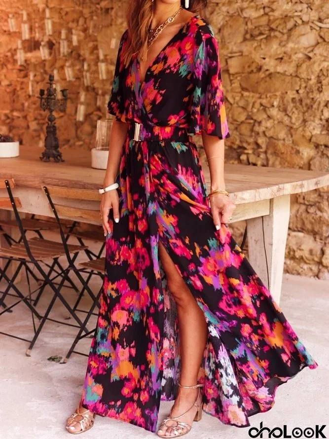 Women Fashion Elegant Tiny Flower Printing Flare Sleeve Wrap Maxi Slit Dress