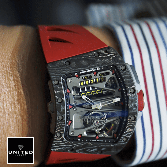 Richard Mille RM7001 Black Bezel Red Bracelet Replica on the wrist