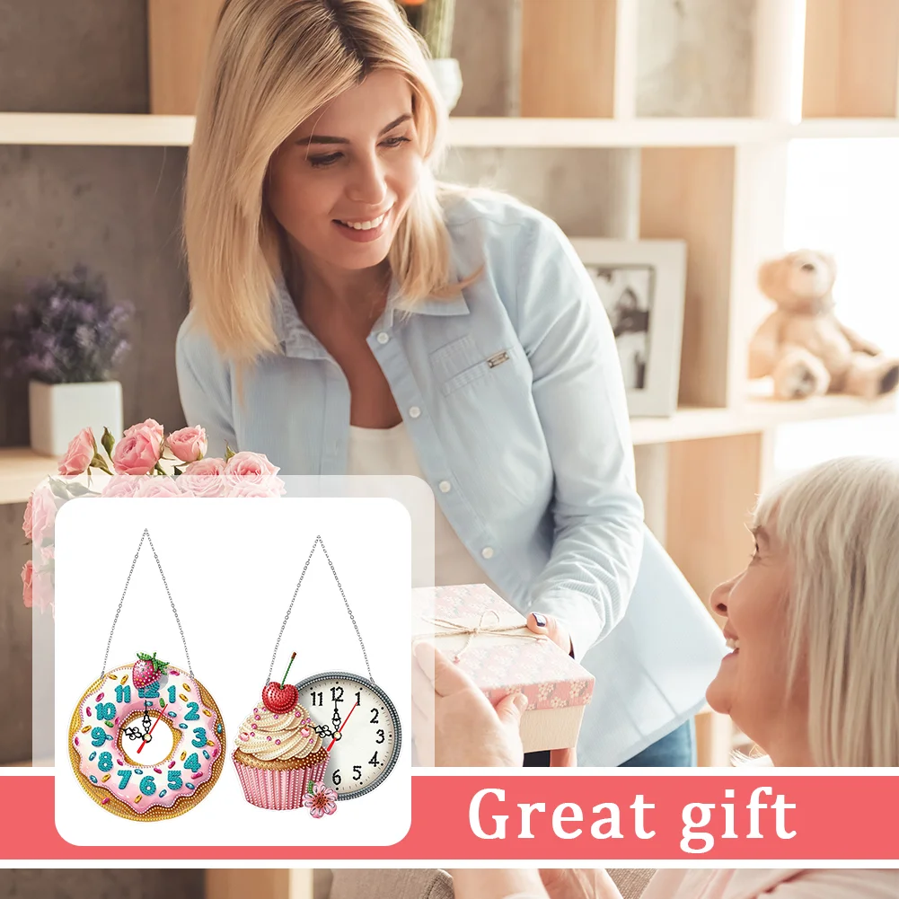 2Pcs Dessert DIY Diamond Painting Ornament with Clock Function Home Decor Art