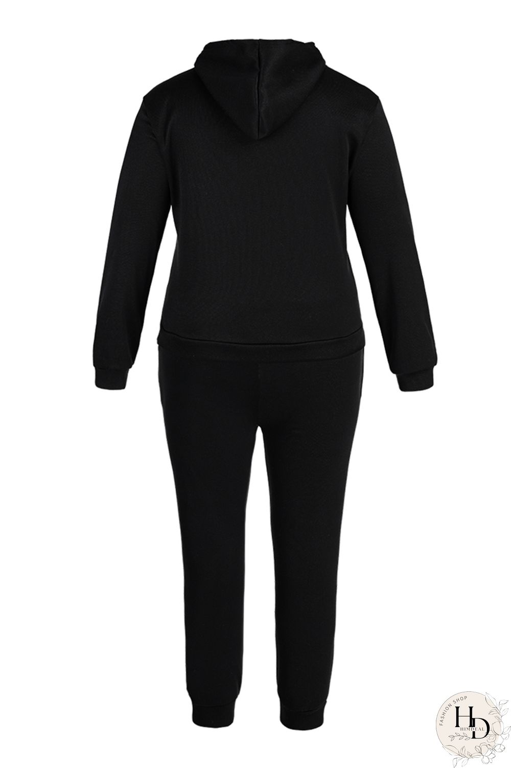 Black Fashion Casual Letter Print Basic Hooded Collar Plus Size Two Pieces