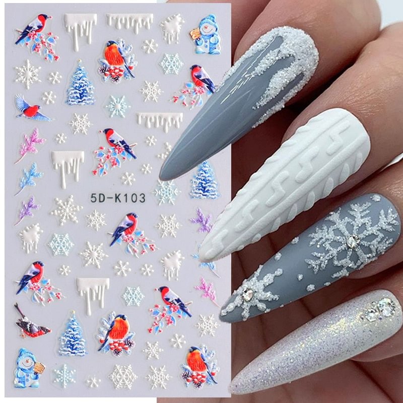 5D White Snowflakes Embossed Nail Sticker Christmas New Year Nail Art Design Winter Charms Flower Manicure Slider Decals