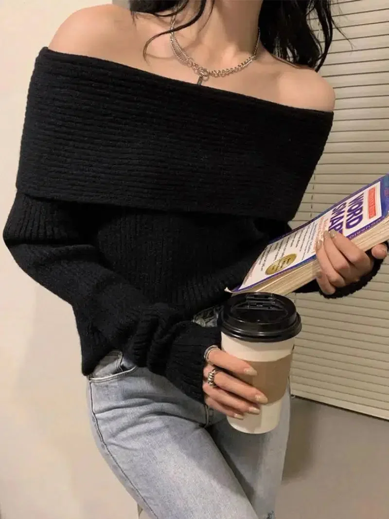 Brownm Off Shoulder Knitted Sweater
