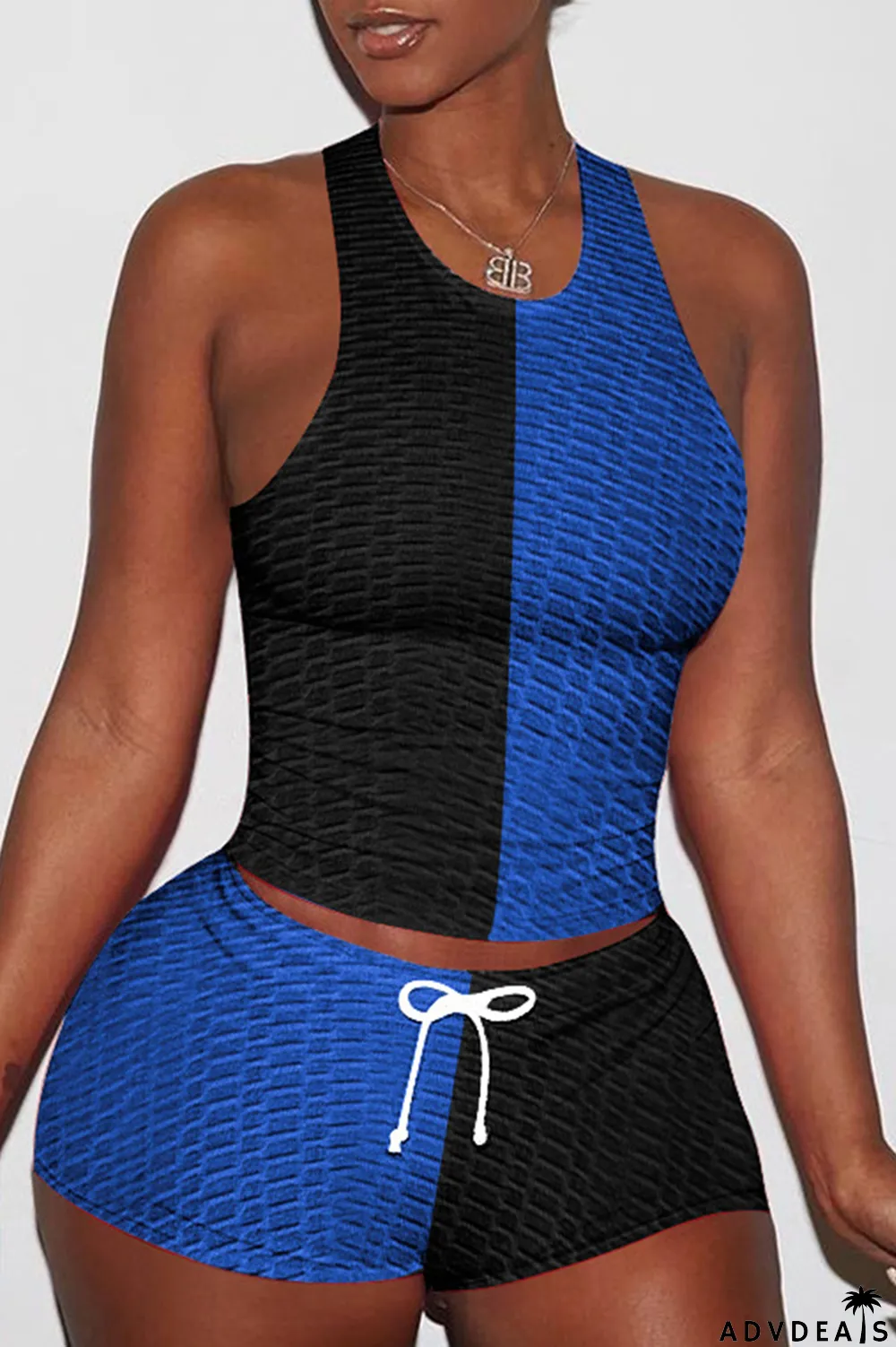 Blue Black Casual Sportswear Patchwork Basic O Neck Sleeveless Two Pieces