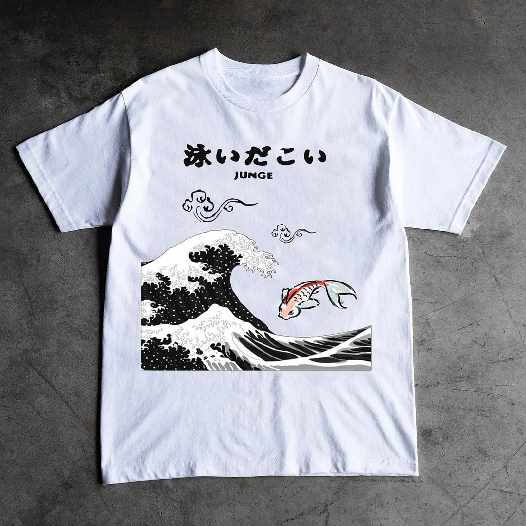 Wave & Japanese Print Short Sleeve T-Shirt