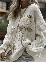 Women's Vintage Rose And Bee Knitted Warm Crew Neck Sweater