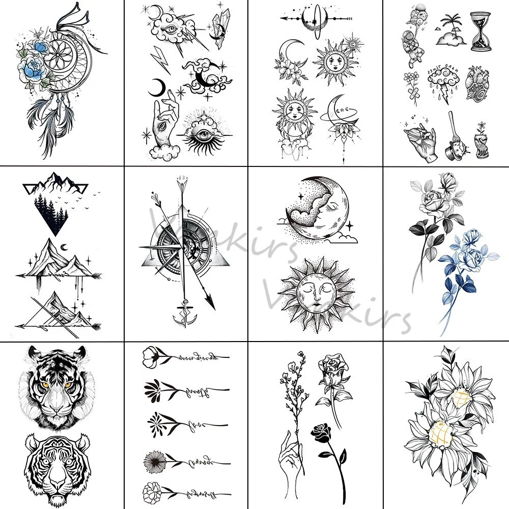 Sdrawing Cloud Coconut Tree Temporary Tattoos For Adults Girls Tiger Flower Compass Mountain Fake Tattoo Sticker Arm Leg Tatoos