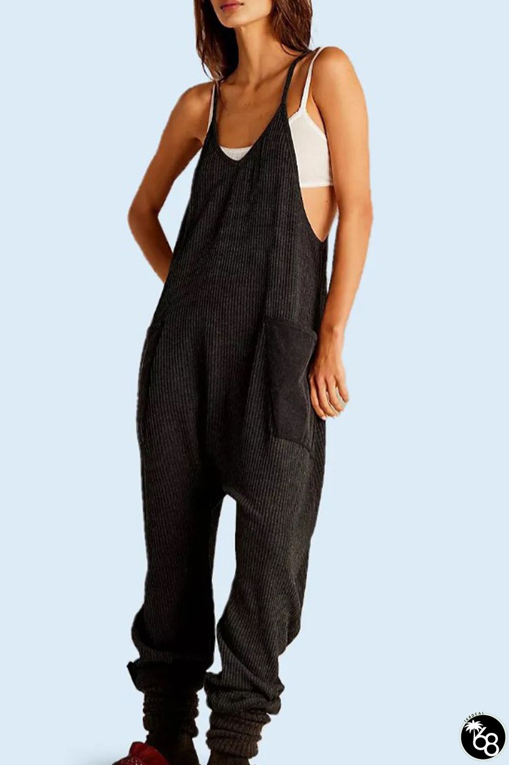 Casual Solid Pocket U Neck Loose Jumpsuits | 168DEAL