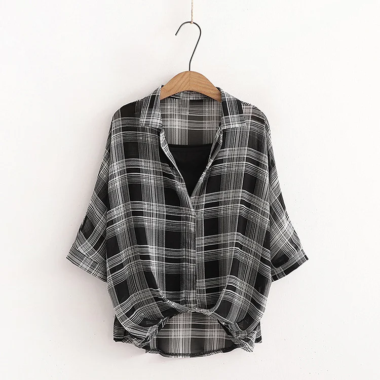 Plaid Blouse Camis Two-Piece Set - Modakawa Modakawa