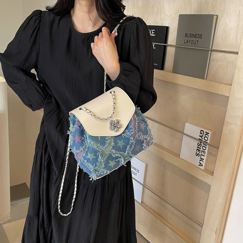 Women’s Medium Cloth Color Block Star Classic Style Streetwear Sewing Thread Square Flip Cover Fashion Backpack