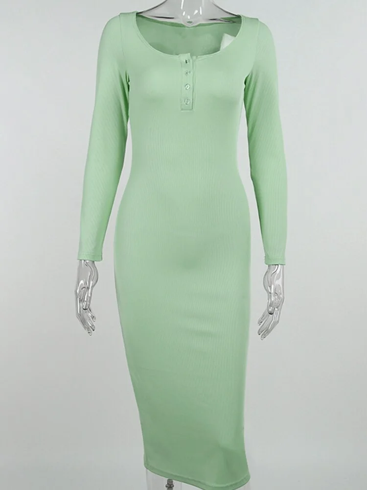 WannaThis Knit Midi Dresses For Women Sexy Button Elegant Long Sleeve Square Collar Bodycon Basic Autumn Casual Fashion Dresses