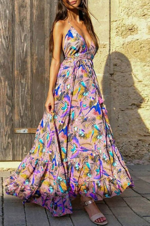 Printed Open Back Maxi Dress - Life is Beautiful for You - SheChoic