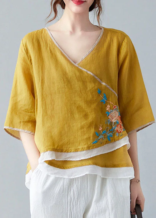 French Yellow V Neck asymmetrical design Shirt