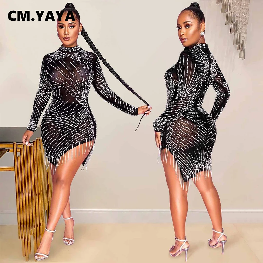 CM.YAYA 2021 Summer See-through Mesh Diamonds Dress Women Sexy Slim Elastic Mini Dresses Tassel Lady Club Party Night Outfit