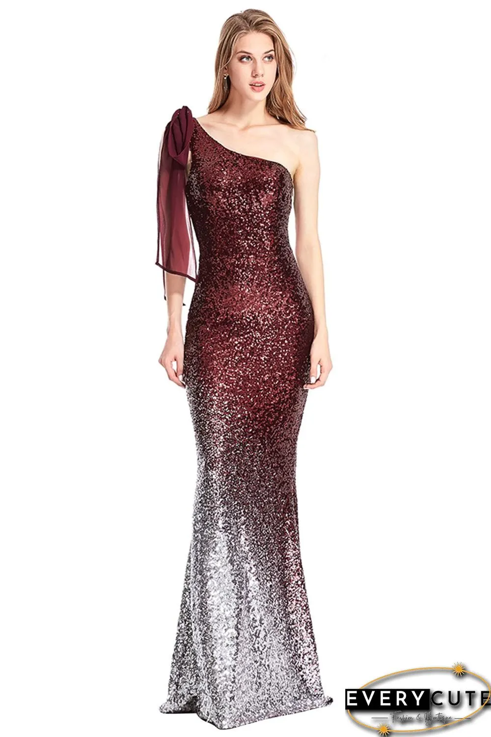 Red Gradient One Shoulder Sequin Party Evening Dress