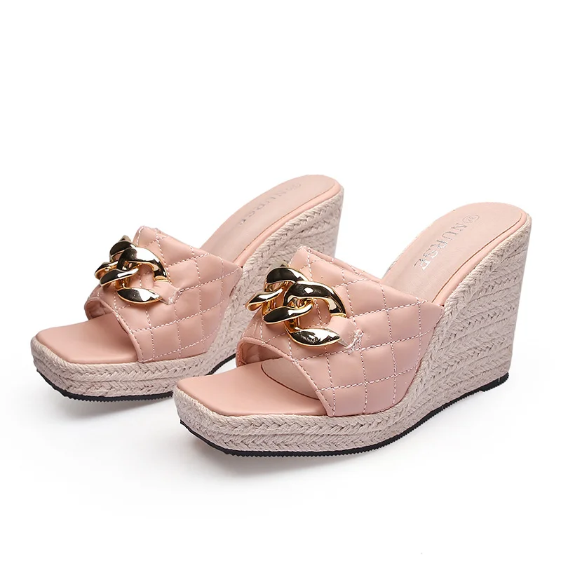 Wongn Wongn Summer Wedge Sandals Thick Square Toe Flip-Toe Female Metal Chain Straw Hemp Rope Bottom