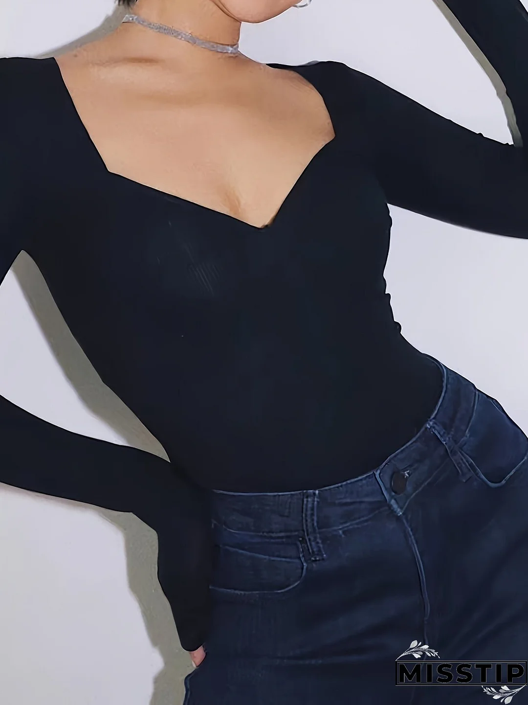 Sweetheart Neck Simple T-shirt, Casual Long Sleeve Slim Top For Spring & Fall, Women's Clothing