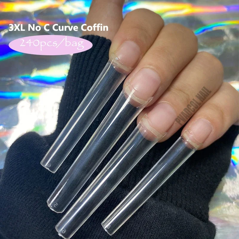 3XL Long Coffin No C Curve Nail Tips Straight French False Nail Art Tips Half Cover Pack of 240