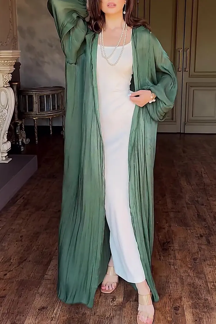 Solid Color Open Front Lantern Sleeve Tie Up Abaya Long Cardigan-Green