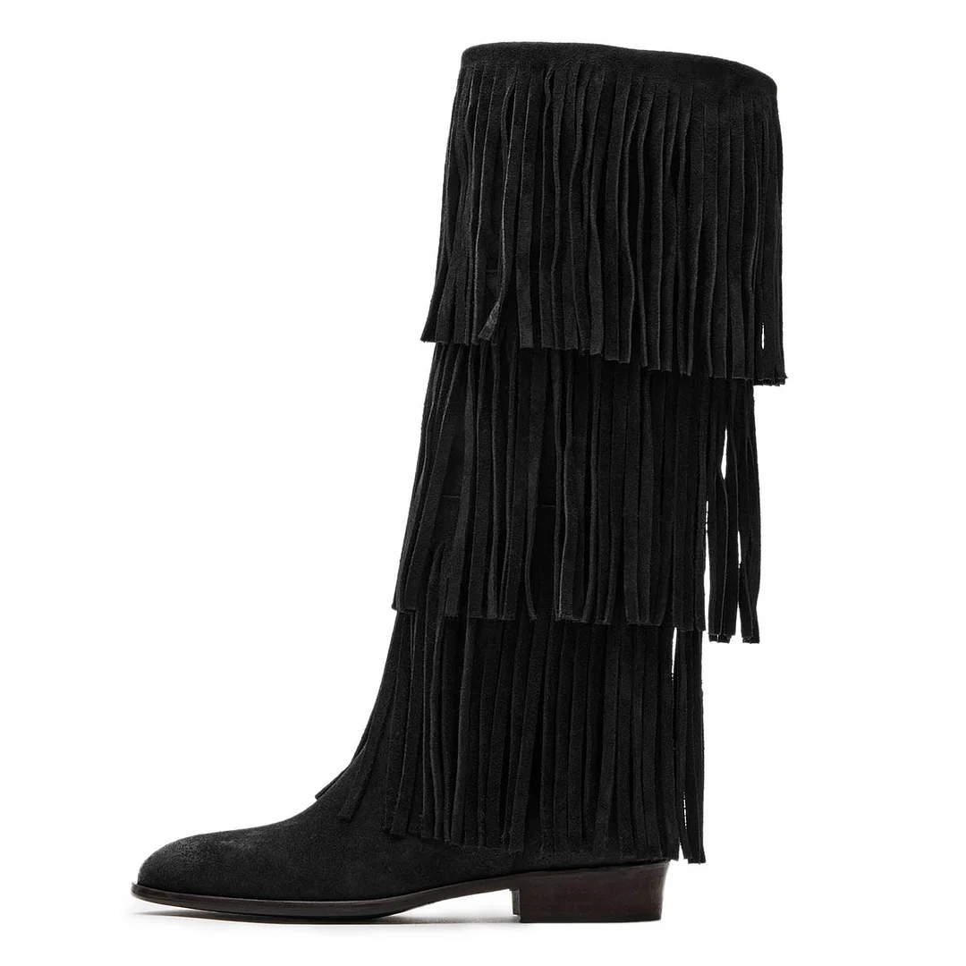 Black Fringe Vegan Suede Mid Calf Closed Toe Flat Boots for Women