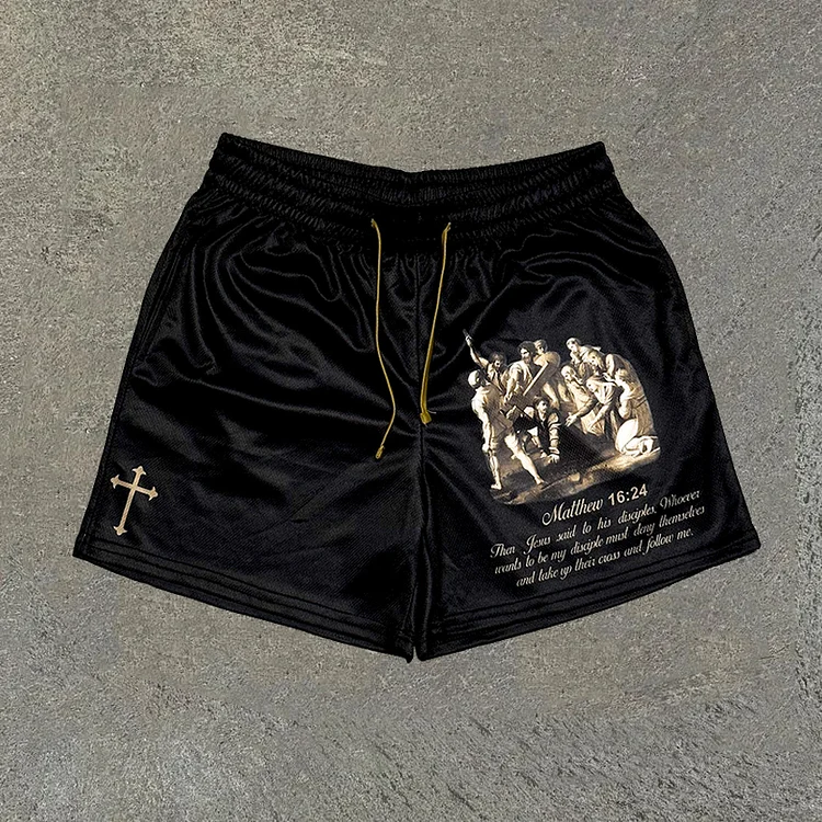 Sopula Matthew 16:24 Print Casual Street Mesh Shorts