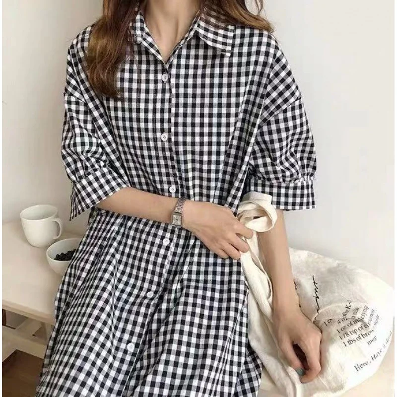 Uveng Uveng Plaid Shirt Women 2025 Spring And Summer Short-Sleeved Cotton Linen Super Long Over Knee Loose Ocean Gas Shirt