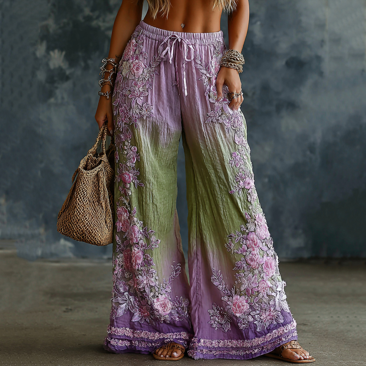 Comstylish Classy Gradient Purple Lavender And Floral Art Linen Pants