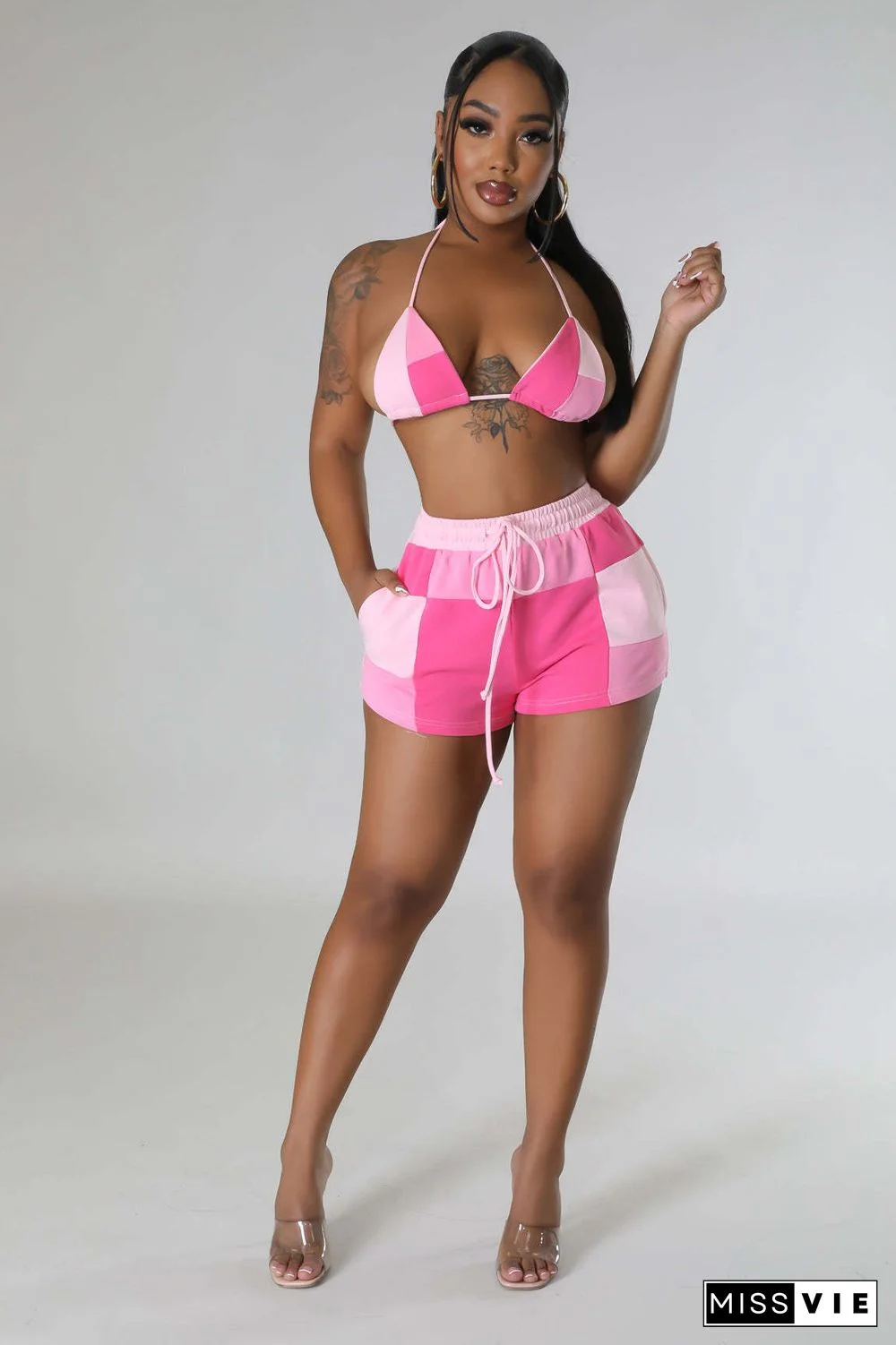 Color Block Print Halter Bra Two Piece Shorts Set