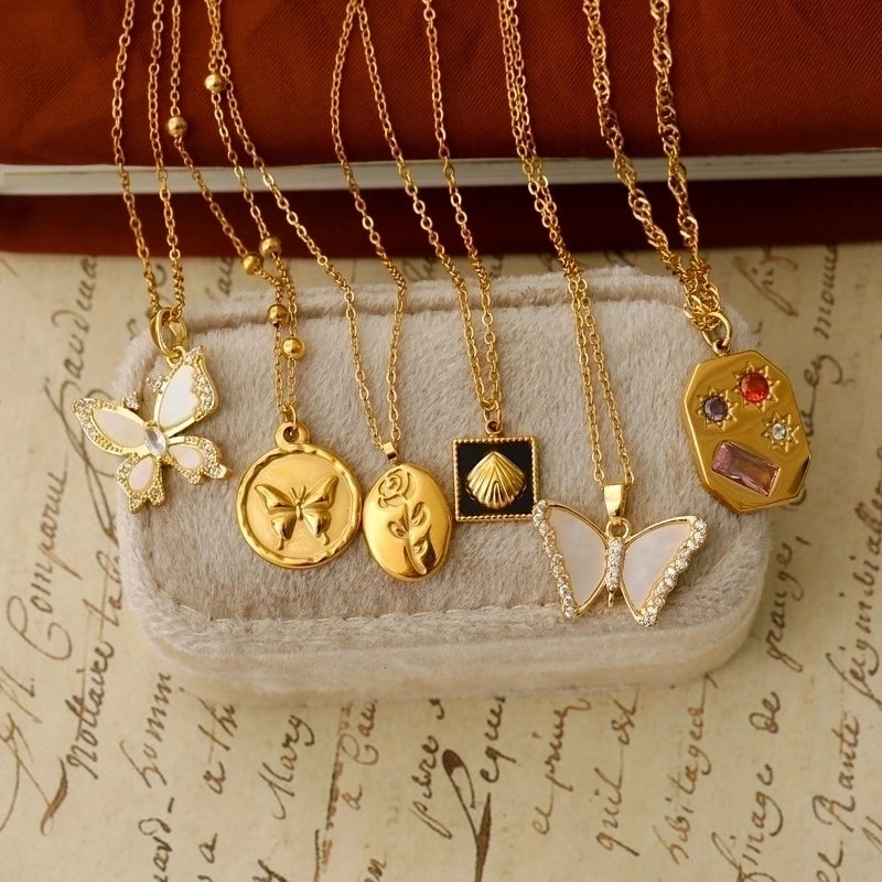 Minimalist Commute Rose Butterfly Shell 304 Stainless Steel Zircon Inlay Pendant Necklace