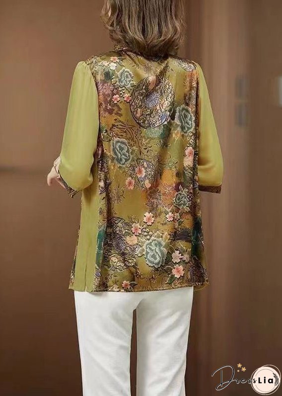 Loose Green Peter Pan Collar Print Silk Blouses Half Sleeve