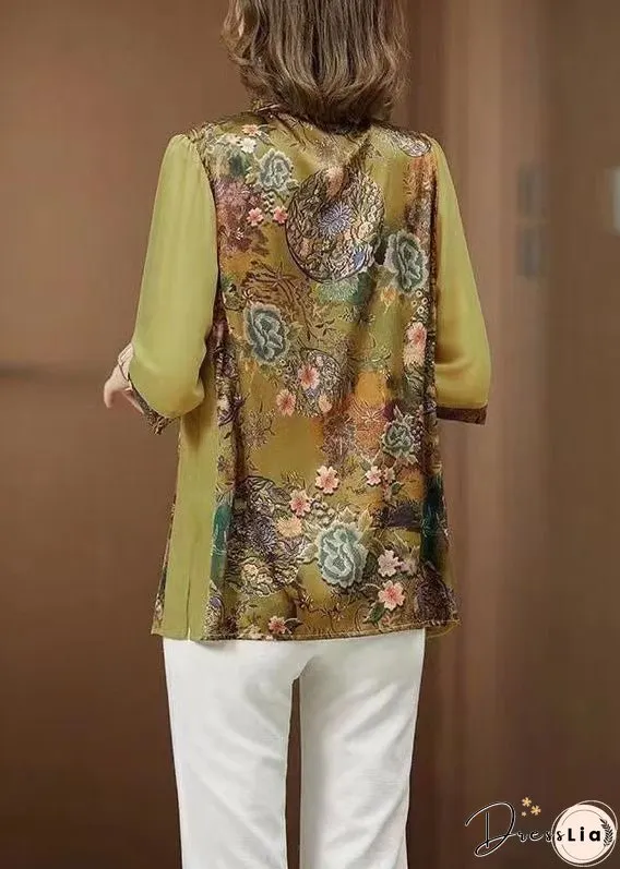Loose Green Peter Pan Collar Print Silk Blouses Half Sleeve