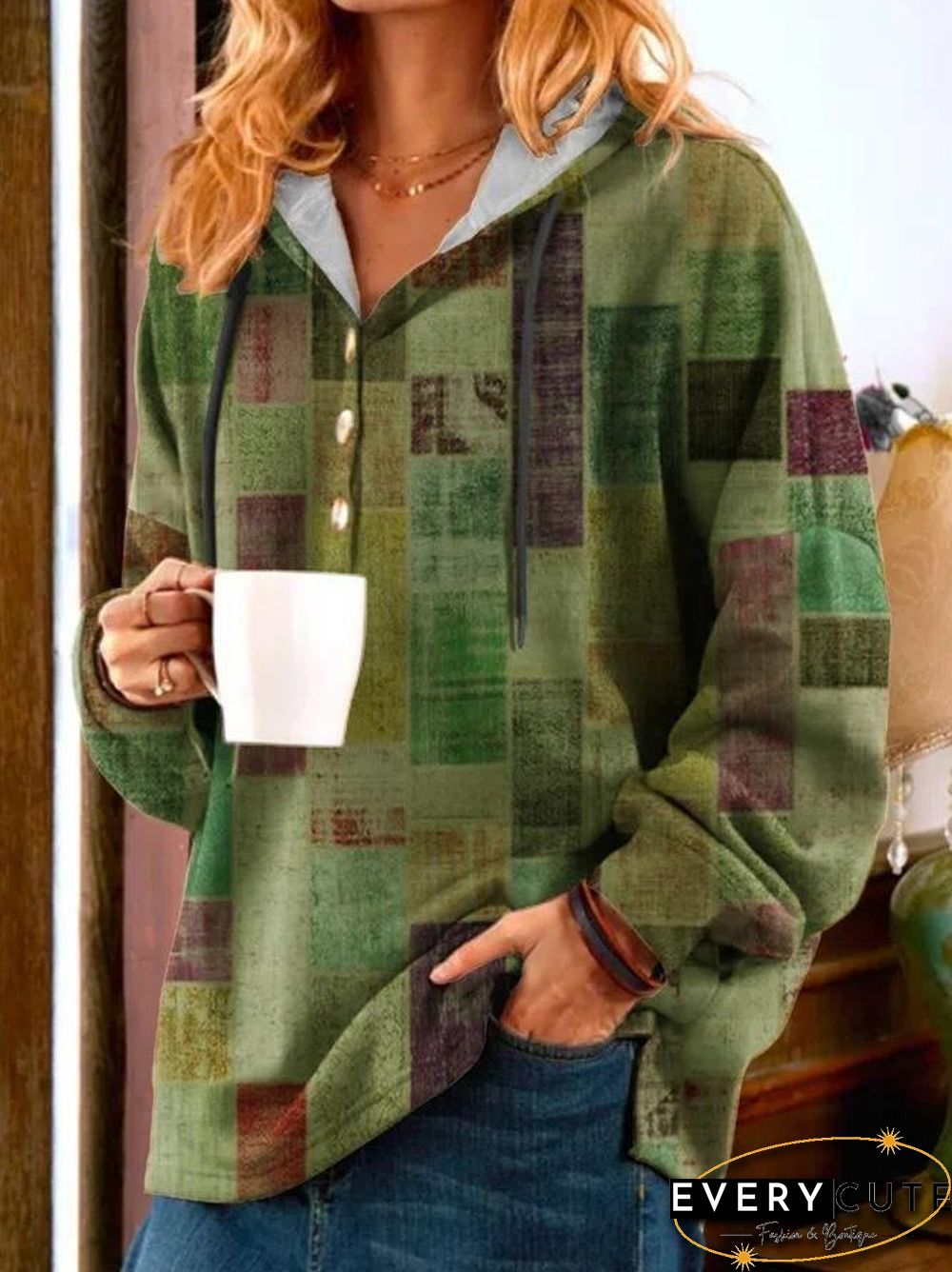 Button Decorated Printed Top With Hat